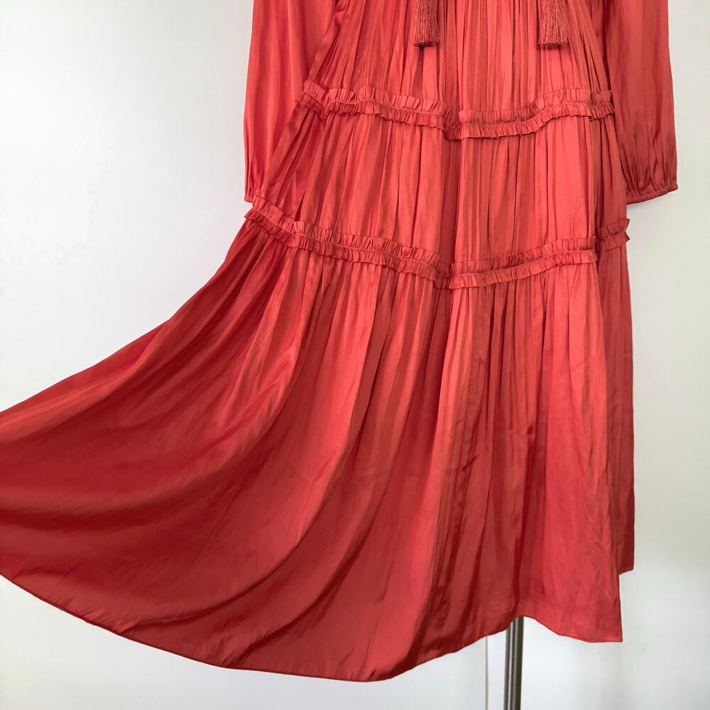 Elie Tahari Satin Ruffle Midi Dress Tiered Long Sleeves in Wild Flower 2 NWT - Picture 10 of 12